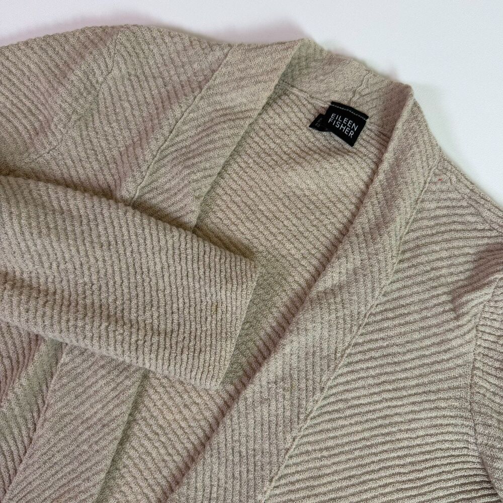 Eileen Fisher Open Front Draped Wool Cardigan Women's L Beige Textured Lagenlook